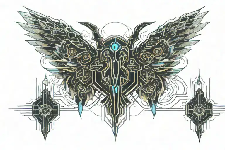 Symmetrical Seraphim with 6 wings spread wide tattoo design idea