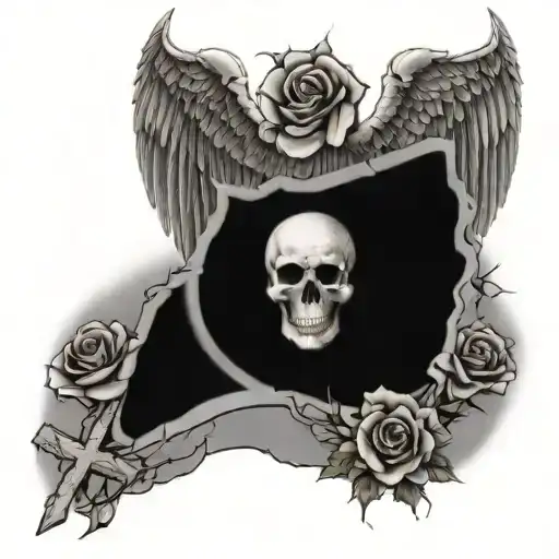roses, crosses, skulls, angel wings, barbed wire, sun rays, chest tattoo  tattoo design idea