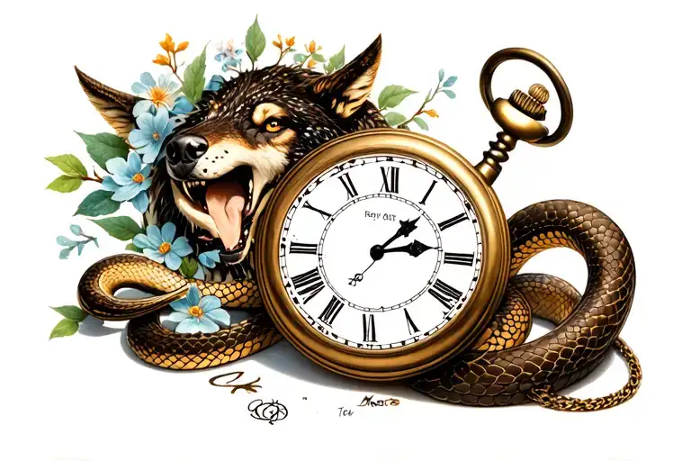 Snake that wraps around a broken pocket watch, a half -wolf face, a tree of life, runes and flowers tattoo design idea