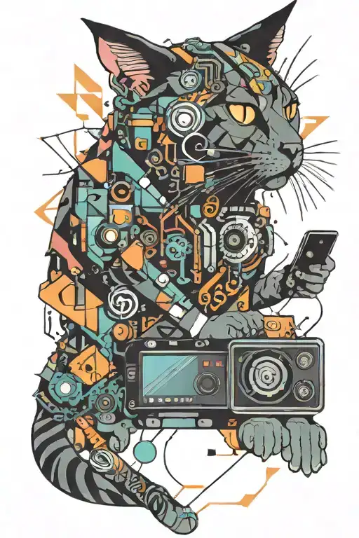 An intricate tattoo featuring a cat playing with technology gadgets like smartphones and laptops, done in a neotraditional style with vibrant colors and geometric shapes tattoo design idea