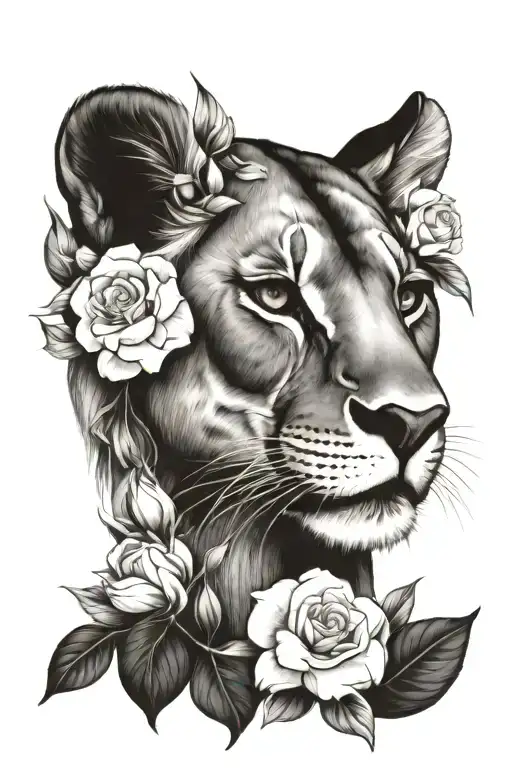 a gorgeous lioness head with flowers and leaves around its head tattoo design idea