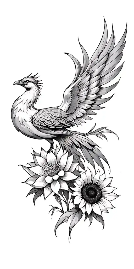 feminine phoenix rising wings spread long flowing tail feathers brush strokes with lotus, red spider Lilly and sunflower tattoo design idea