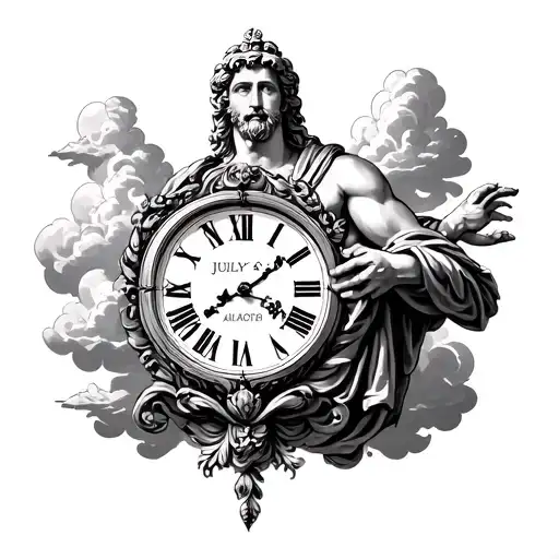 clock on 10am, with Greek god zeus statute and roman numbers of July 26 and clouds around tattoo design idea