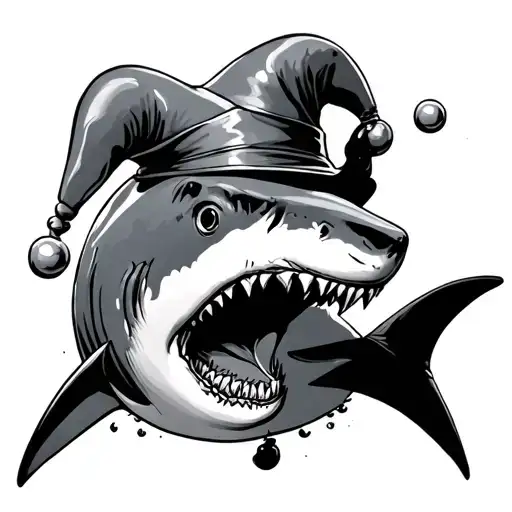 shark with jester hat swimming up tattoo design idea