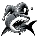 shark with jester hat swimming up tattoo design idea