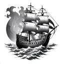 Norse tattoo of burning Viking ship. in black and white tattoo design idea