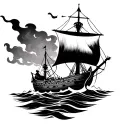 Norse tattoo of burning Viking ship. in black and white tattoo design idea