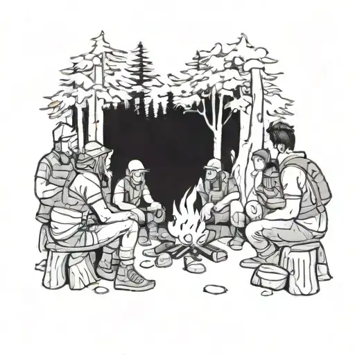 A group of friends sitting around a campfire in the woods tattoo design idea