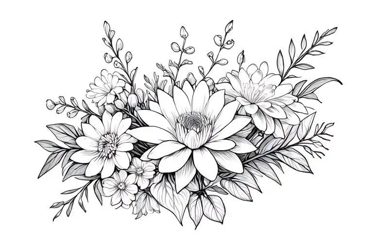 chrysanthemum larkspur waterlilly primrose and lilly of the valley bouquet tattoo design idea