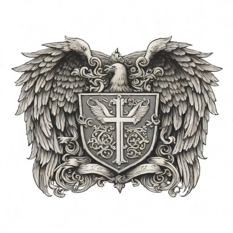 Coat of arms with clouds , pair wing of dove and cross,  tattoo design idea