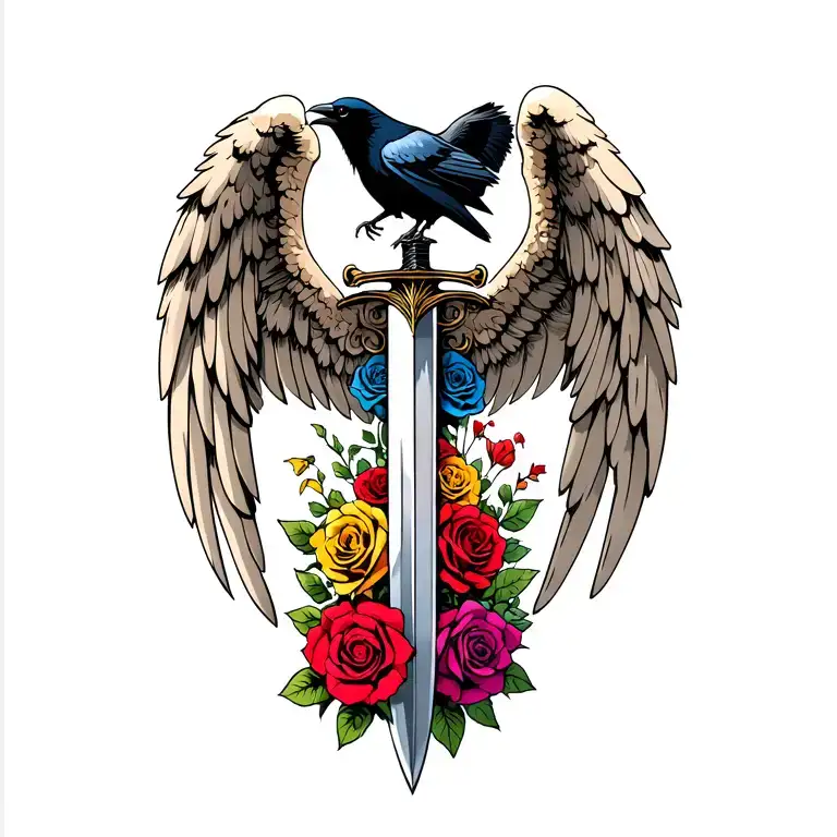 Angel wings behind a sword with a raven on top different colored roses  tattoo design idea