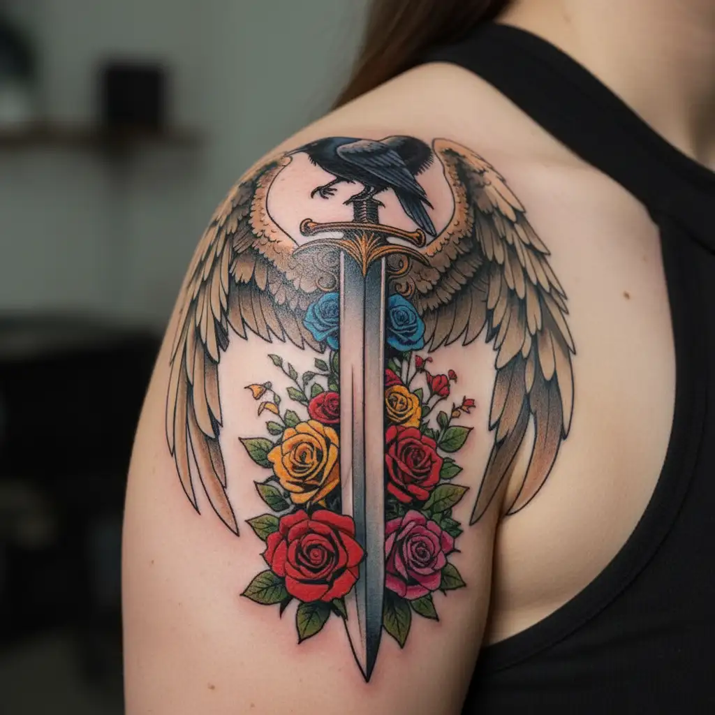 Angel wings behind a sword with a raven on top different colored roses  tattoo design idea