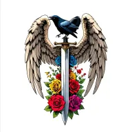 Angel wings behind a sword with a raven on top different colored roses  tattoo design idea