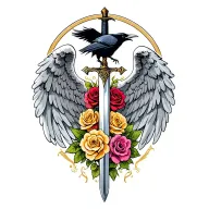 Angel wings behind a sword with a raven on top different colored roses  tattoo design idea
