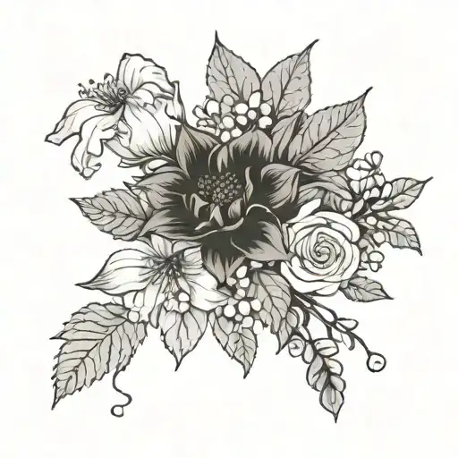 minimalistic flower bouquet with holly, narcissus, Rose, carnation, snowdrop, daisy, sweet pea, poop tattoo design idea