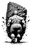 An anthropomorphic rock walking through urban destructive chaos towards a better future. Seen from behind tattoo design idea