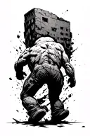 An anthropomorphic rock walking through urban destructive chaos towards a better future. Seen from behind tattoo design idea