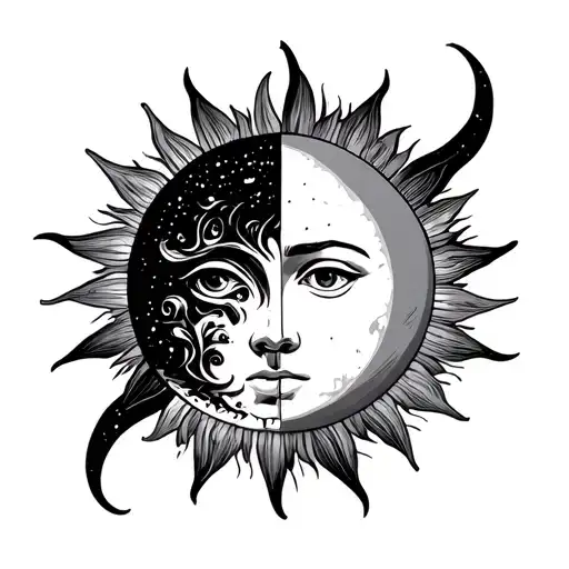 half sun half moon american traditional style for men's shoulder with face tattoo design idea