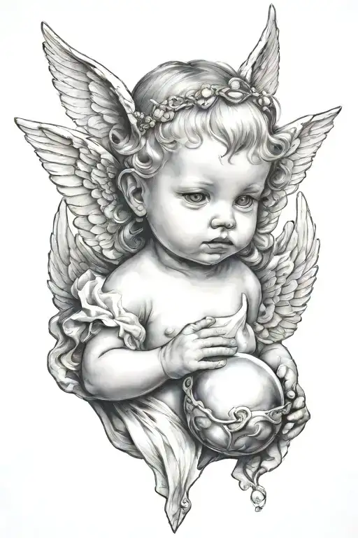 A baby angel with two horns above her head ,holding a diamond a shell which has a pearl in it  tattoo design idea