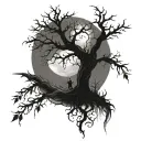 gothic evil tree, hanging children, moon, thorns surrounded tattoo design idea