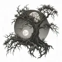 gothic evil tree, hanging children, moon, thorns surrounded tattoo design idea
