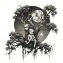 gothic evil tree, hanging children, moon, thorns surrounded tattoo design idea