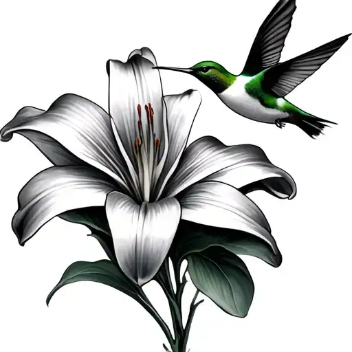lily and hummingbird hovering tattoo design idea