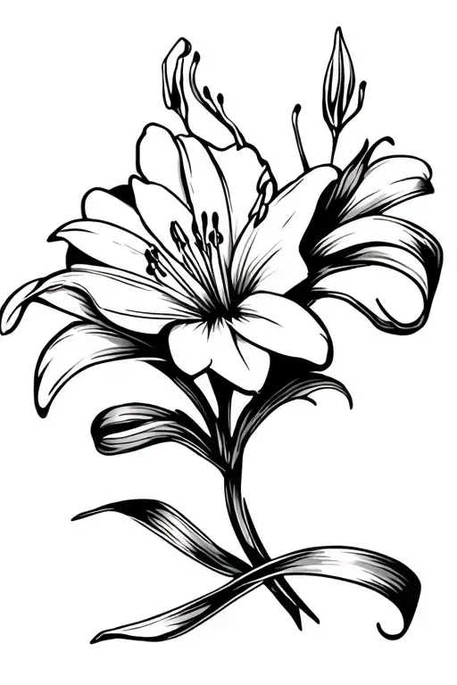stargazer lily flower and ribbon tied tattoo design idea