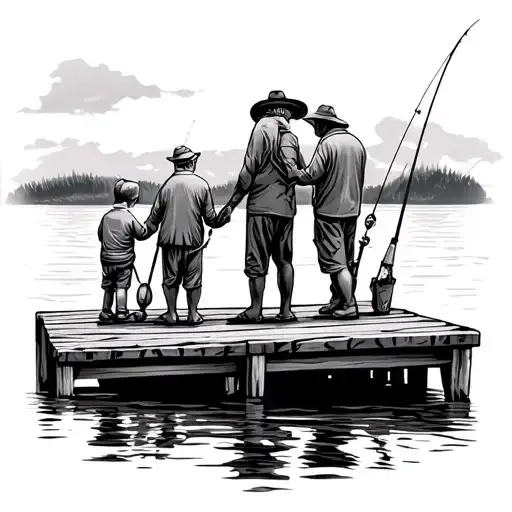grandfather, father, and 2 sons fishing on pier tattoo design idea
