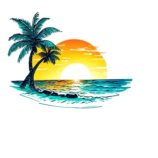 sunset and coconut tree and beach scene tattoo design idea