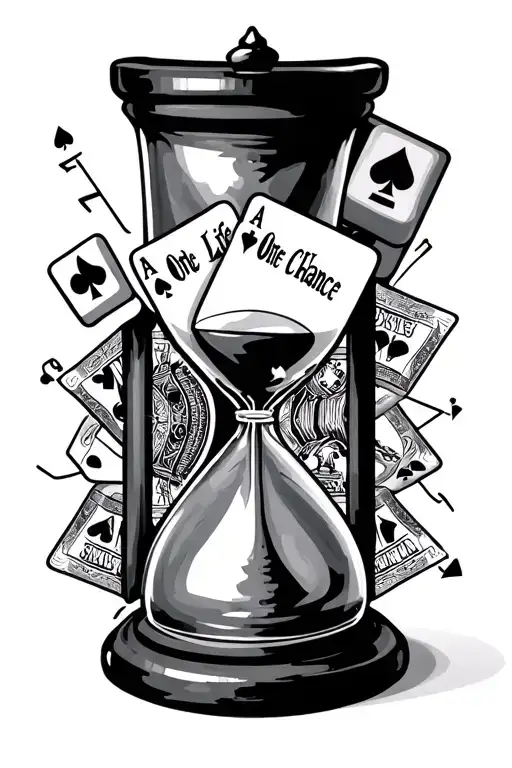 hour glass with one life one chance written four aces cards two dice a king and queen chess piece with gansters tattoo design idea