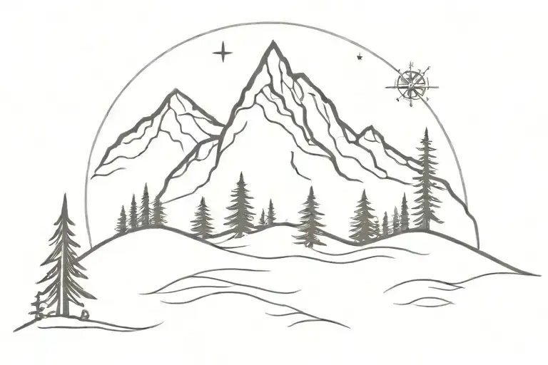 mountain, path, fir tree, compass rose, lake tattoo design idea