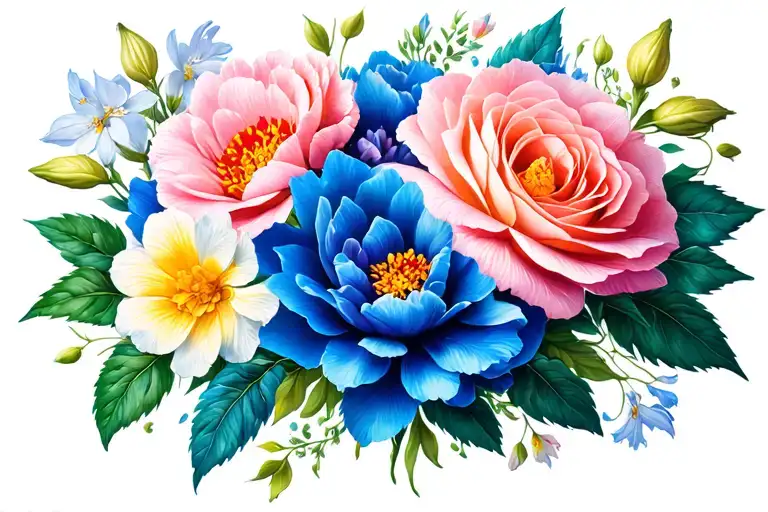 snow drop, carnation, rose, honeysuckle, peony, chrysanthemum tattoo design idea