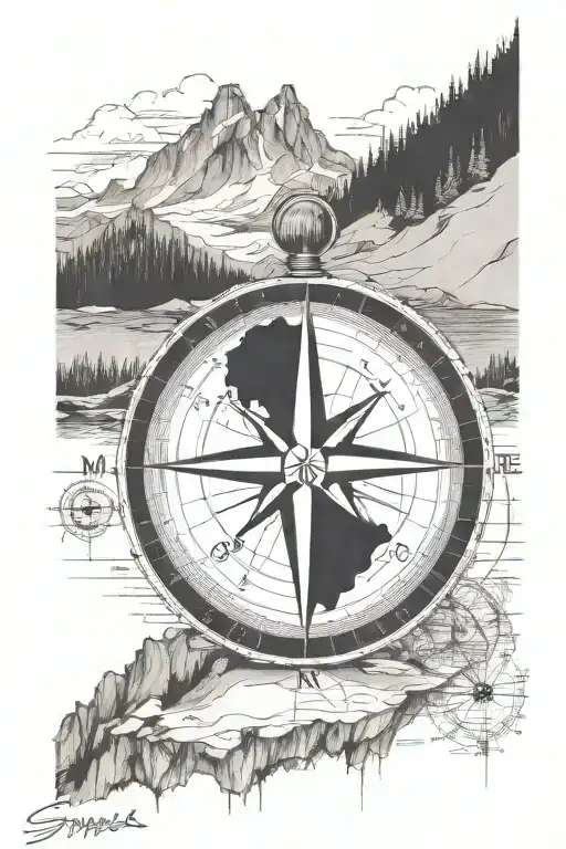 compass replace North with "WB", mountains, a fox, coordinates of Mt. Shermans Peak, map as background tattoo design idea