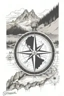 compass replace North with "WB", mountains, a fox, coordinates of Mt. Shermans Peak, map as background tattoo design idea