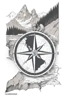 compass replace North with "WB", mountains, a fox, coordinates of Mt. Shermans Peak, map as background tattoo design idea