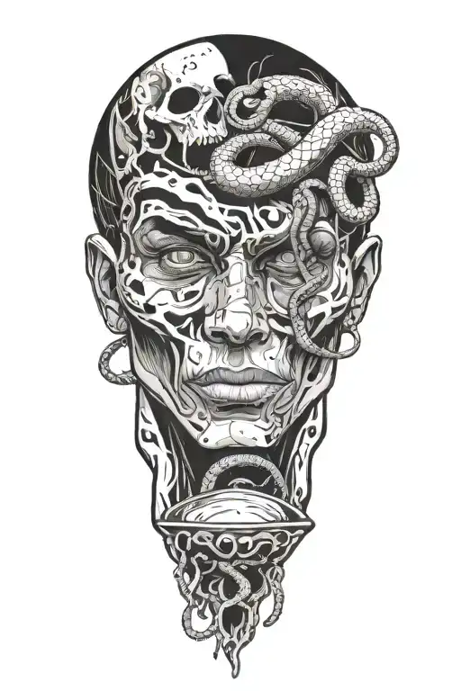 a man tied to three rocks, a venomous snake dripping poison on his face, and a women catch the poison in a bowl above  tattoo design idea