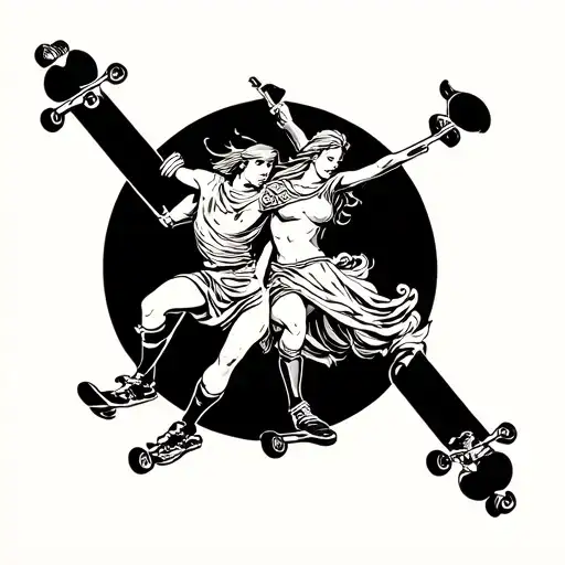 Irish legends cu chulainn and Brigid on a skateboarding session tattoo design idea