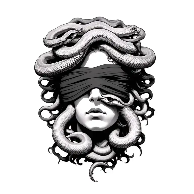 Blindfolded medusa face with coiled snakes facing forwards tattoo design idea