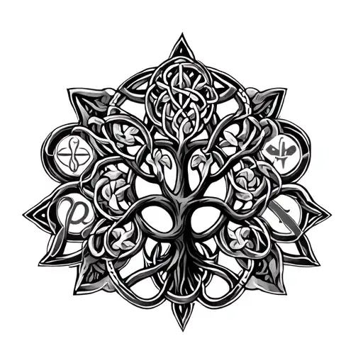 the Celtic tree of Life symbol surrounded by the Celtics symbols meaning health protection inner strength and balance  tattoo design idea