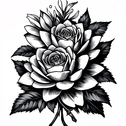 cherry blossom, water lily, rose bouquet stencil art tattoo design idea
