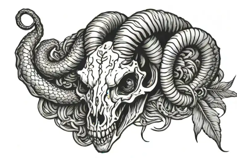 goat skull head with snake wrapped around tattoo design idea