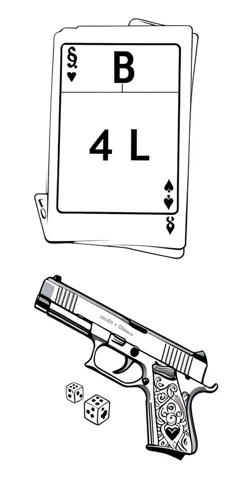 small glock pistol with bullets, cards above, dices somewhere, "B 4 L" text above, small candle, dollar sign visible tattoo design idea