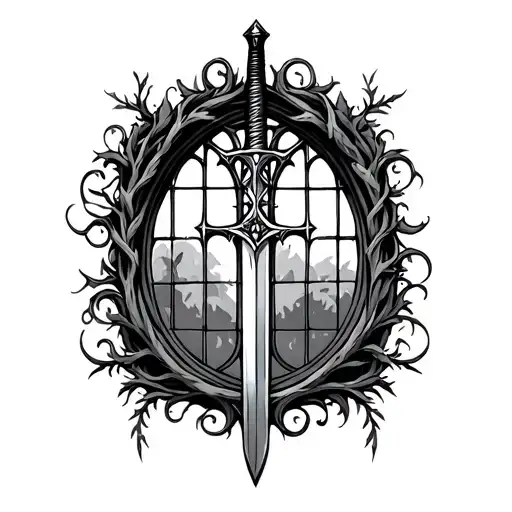 gothic window and sword intertwined with vines tattoo design idea
