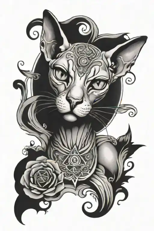 sphynx cat with third eye surrounded tattoo design idea