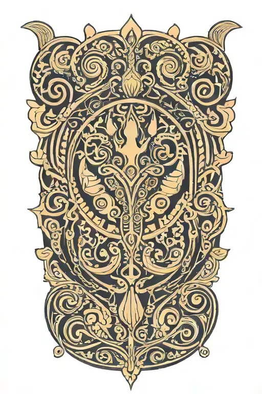A geometric pattern incorporating elements of Greek mythology and Maori culture, such as a trident and sea creatures tattoo design idea