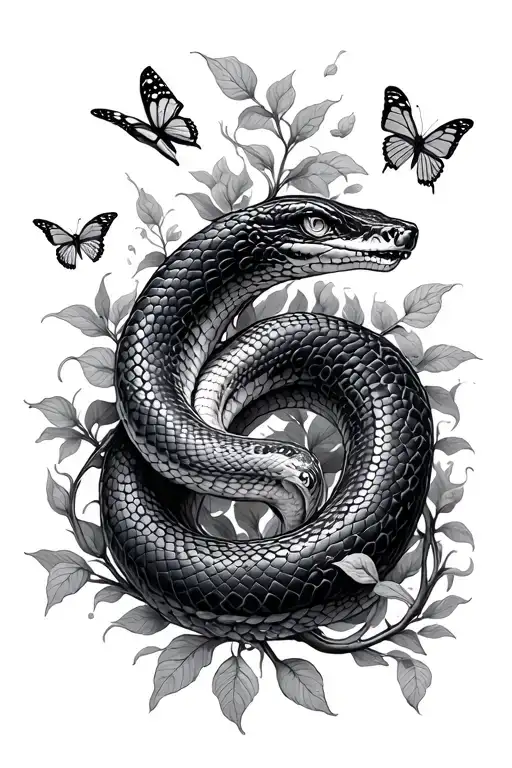 snake circling vines with butterflies surrounding tattoo design idea