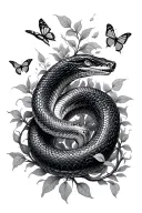 snake circling vines with butterflies surrounding tattoo design idea