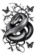 snake circling vines with butterflies surrounding tattoo design idea