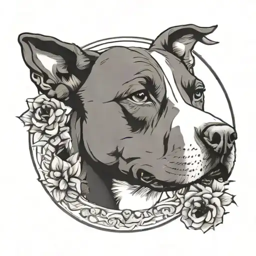 pitbull dog face in a circle with holly flowers tattoo design idea